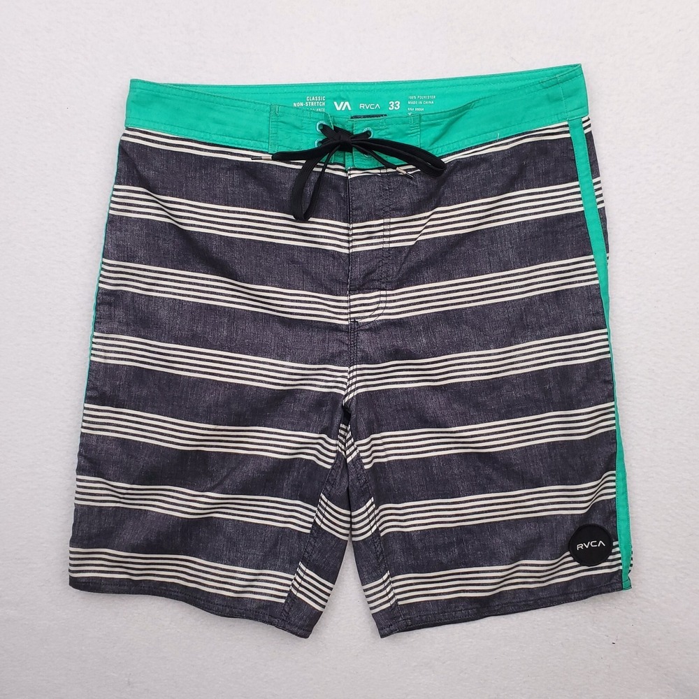 RVCA Board Shorts Mens 33 Green Black Striped Classic Swim Trunks Suit